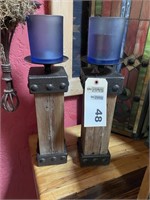 (2) Iron & wood candle holders