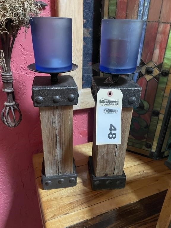 (2) Iron & wood candle holders