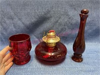 Red oil lamp -Red Viking glass -Red Avon bottle