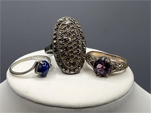 Blue star sapphire and marcasite rings