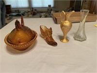 Covered Chicken, glass shoe, 2 vases.