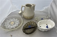 Pile, Stone ware pitcher (chip), glass ware.
