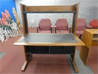 wooden desk with upper shelving unit
