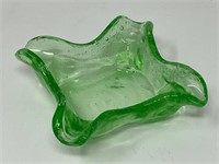 Pinched Art Glass Ashtray Green Glass