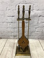 Vintage Brushed Brass Fireplace Tool Set w/ Antiqu