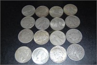 16 Morgan & Peace silver dollars: 1922, 1879,
