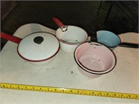 4 Vintage Enamelware Pots Pans