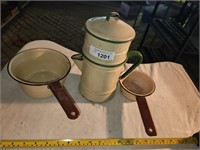 Vintage Enamelware Coffee Pot and Pans