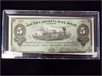 1873 South Carolina Railroad Company $5 Note