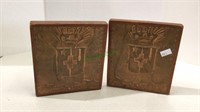 Vintage book ends wood with imprinted copper tin