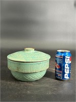 GREEN STONEWARE POTTERY CROCK BOWL WITH LID