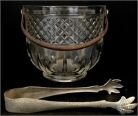 Vintage Pressed Glass Ice Bucket and Tongs.