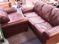Brown leather three-cushion sofa, 90" long