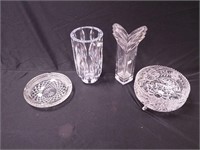 Four crystal items: two vases including 10"