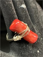 STERLING WIRE WRAPPED CORAL RING - SZ 9