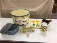 Vintage lot - candy container, basket, blocks,