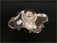 Crystal inkwell with sterling lid and tray,