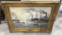 Signed Kolh Painting of Ships in Port