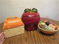 3 vintage cookie jars (apple -lunch box -fruit)