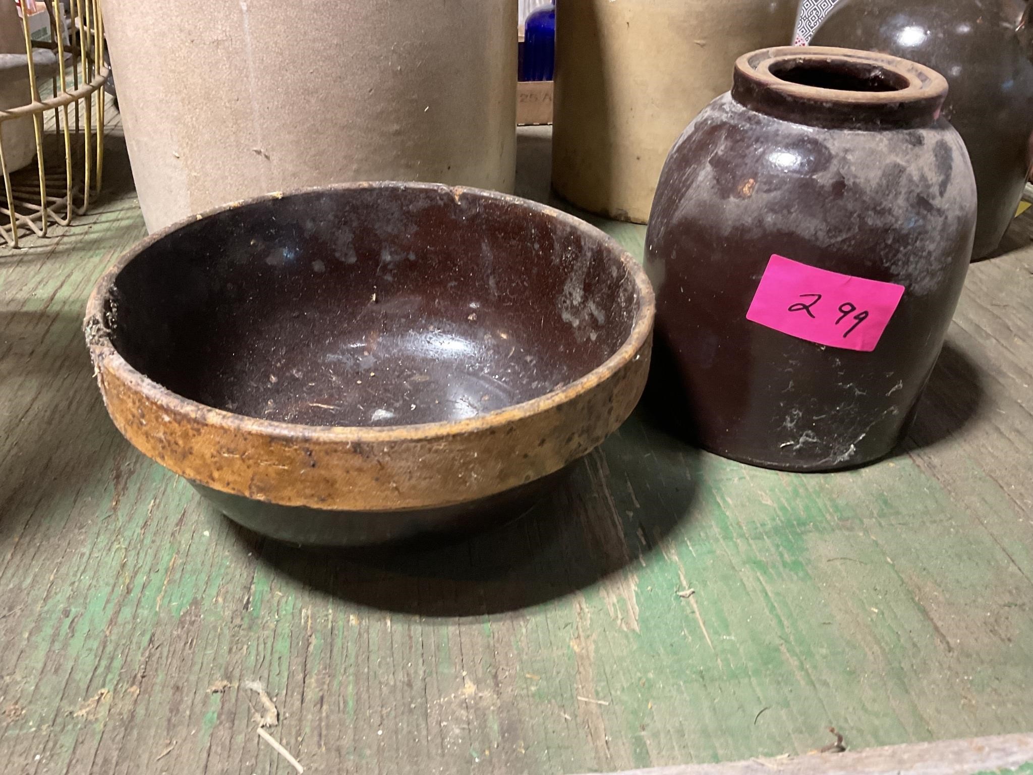 Antique salt glazed water jar and bowl primitive