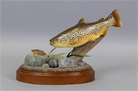 Ken Remer 11" Carved Brown Trout on River Bed