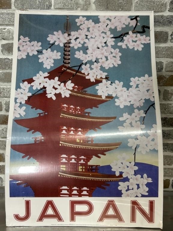 Japan Travel Poster w/ Cherry Blossoms & Pagoda
