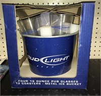 Bud light glasses coasters and metal ice bucket