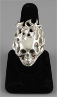 Men's heavy sterling flaming skull ring 1.55ozt