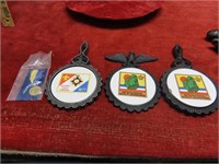 Boy Scouts pine wood derby medal, 3 trivets.