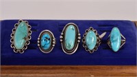 Five Indian Silver Turquoise Rings Signed