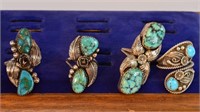Four Indian Silver Turquoise Rings Signed