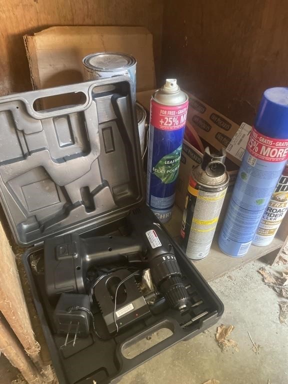 Bug spray paint, telephone cable, cordless drill,
