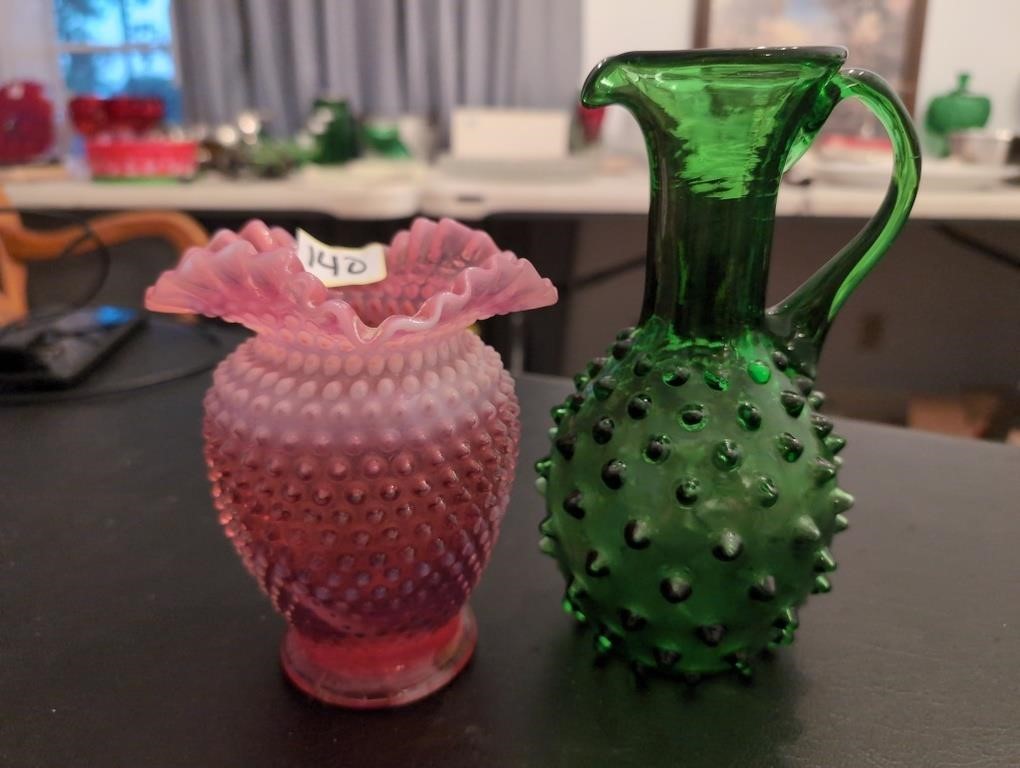 Fenton pink opalescent vase and Empoli green