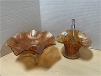 Carnival Glass pedestal dish and small carnival