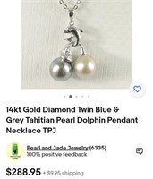 14k Gold White & Tahitian Pearl Dolphin Pendant