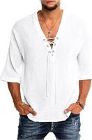 (N) YAOBAOLE Men's Fashion V-Neck Cotton Linen Lac