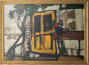 Illegibly Signed Yellow Door Oil on Paper