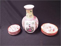 11 pieces of geisha china: 11 1/2" vase and