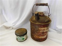 Vintage gas can with pour spout and wood handle -