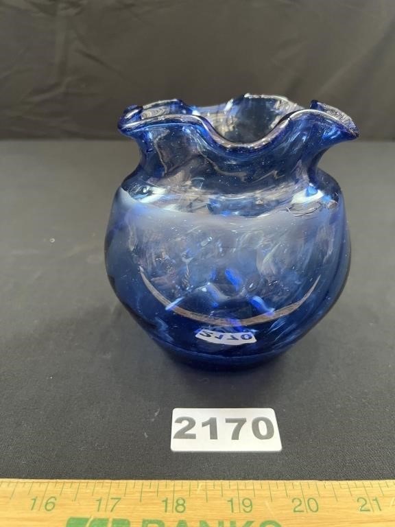 Handblown Blue Glass Ruffled Edge Vase