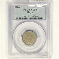 1866 Shield Nickel PCGS AU55 Rays