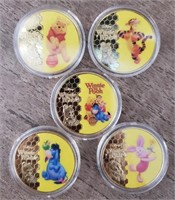 (5) Disney Gold Plated Pooh & Friends Rounds