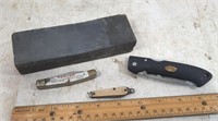 3 Pocket Knives & Sharpening Stone