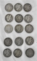 COINS - 15 SILVER BARBER QUARTERS