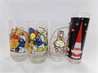 (2) Smurf Glass Cups (1) DQ Santa Claus Glass Cup