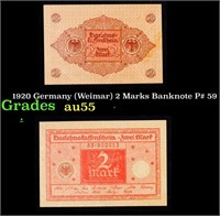 1920 Germany (Weimar) 2 Marks Banknote P# 59 Grade