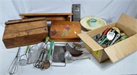 Vintage cooking utensils, wall shelf, and 2