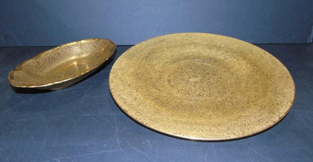 Golden Glass Platter & Porcelain Bowl