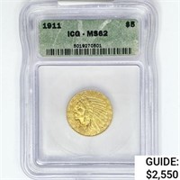 1911 $5 Gold Half Eagle ICG MS62