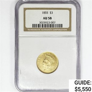 1855 $3 Gold Piece NGC AU58